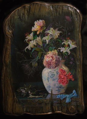 Sergey Lesnikov, 'Still Life With Necklace', 2017, original Painting Oil, 42 x 60  x 5 inches. Artwork description: 1758 artwork on heavy vintage piece of wood, framed in metall. . ...