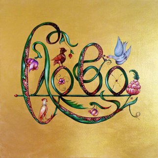Ekaterina Nikidis; In The Beginning Was, 2019, Original Painting Acrylic, 60 x 60 cm. Artwork description: 241 Part 1. The wordGolden background as a symbol of absolute uncreated light envelops the letters, which are woven from some fancy branches and flowers. They seem to be real, but they became so only after they were transferred from the authoraEURtms mind to the canvas....