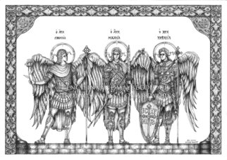 Nikolaos Thessalos; Synaksis Of The Archangels, 2018, Original Drawing Ink, 16.5 x 11.5 inches. Artwork description: 241 A religious inspired artwork, depicting the three Archangels Gabriel, Michael and Raphael. The style is deeply influenced by Byzantine iconic and Western renaissance art. Ink on paper.  ...