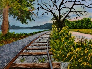 Marilyn Domilski; Abandoned Railroad Track, 2021, Original Painting Oil, 11 x 14 inches. Artwork description: 241 This is a painting of abandoned railroad tracks along the Hudson River near Kingston New York.  In years gone by these tracks would have delivered goods to this area before the interstate highways took over the trade.  However, a kind of wild beauty has taken over which ...