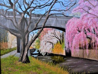 Marilyn Domilski; Cherry Blossoms, 2018, Original Painting Oil, 20 x 16 inches. Artwork description: 241 Cherry Blossoms measures 16 x20original oil on canvas and features a park during the Spring season.  Many hues of pinks, lavenders and white abound.  A footbridge crosses over a creek.  Along the creek is a pedestrian path featuring many trees and foliage. ...
