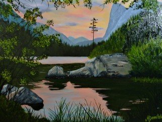 Marilyn Domilski; High Country Twilight, 2018, Original Painting Oil, 20 x 16 inches. Artwork description: 241 High Country Twilight depicts the last rays of a pastel sunset.  The sky and clouds are reflected in the lake below creating beautiful reflections.  Cliffs and forests make up the background while rocks, reflections and foliage in the foreground make for a calming and beautiful scene. ...