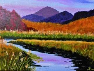 Marilyn Domilski; Mountain Sunset, 2021, Original Painting Oil, 11 x 14 inches. Artwork description: 241 The mountains are surrounded by the late day light.  Reflections are seen in the marshy stream. ...