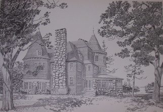 William Christopherson, 'Keewaydin Mansion', 1994, original Printmaking Lithography, 22 x 17  inches. Artwork description: 2307  Full sized print of artist's recreation in pencil, of this beautiful Victirian style summer home which once stood on the granit ledges overlooking the St. Lawrence River in the Thousand Islands. Artist' s very first award winning artwork. Shipped on 3/ 8
