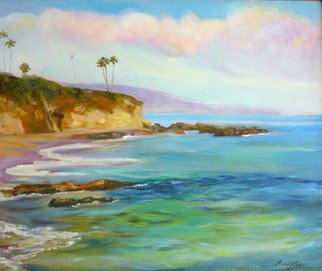 Renuka Pillai; Divers Cove, 2014, Original Painting Oil, 35 x 30 inches. Artwork description: 241      Tourquise Blue Ocean, hills, clouds, palm trees       portrait, profile blonde, beauty    ...