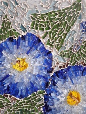Natalija Zabav; Blue Flowers, 2017, Original Mosaic, 15 x 18 cm. Artwork description: 241 This small Picture is made of very small pieces of mosaic glass and italian smalti in blue, green, white, yelloxNot framed, ready to hang on the wallSize - 15cm x18 cmTherefore, it gives out joy and positive energy, as well as resting our eyes in this ...