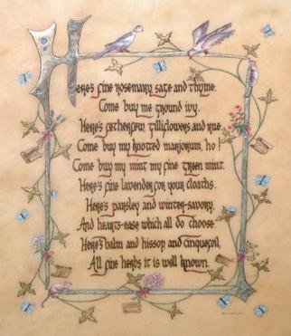 Florence Bremond; London Cries, 2001, Original calligraphy, 12 x 18 inches. Artwork description: 241 Illumination on parchment 23 k yellow and 14 k white raised gold leaf - tempera ...