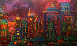 Olga Bukowska; City By Night, 2014, Original Painting Oil, 100 x 60 cm. Artwork description: 241  night, city, street, cars, buildings, child ...