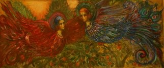 Olga Bukowska; The Meeting, 2014, Original Painting Oil, 30 x 70 cm. Artwork description: 241      birds, paradise, garden, meeting  ...