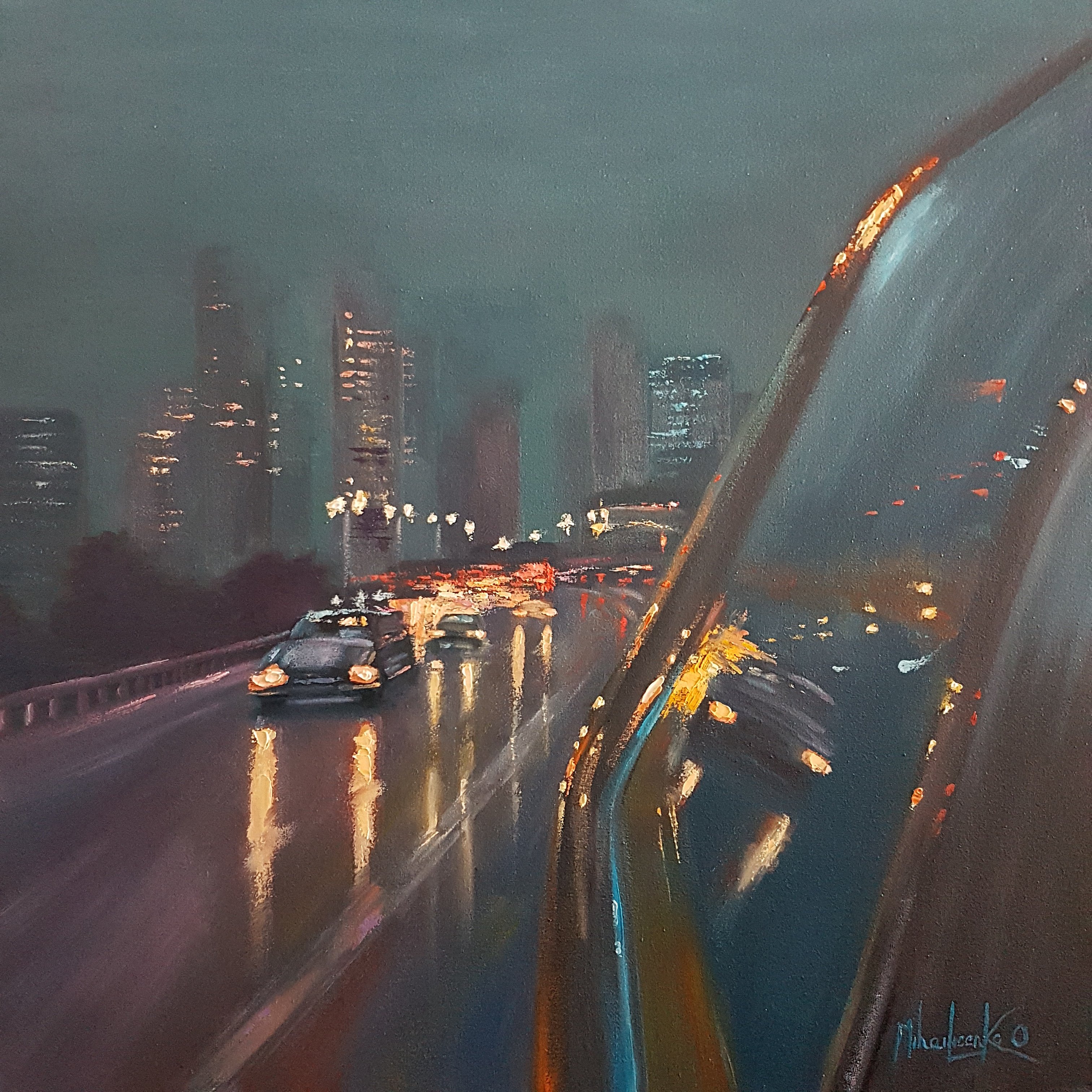 Olga Mihailicenko; Leaving The City, 2021, Original Painting Oil, 60 x 60 cm. Artwork description: 241 23. 6x23. 6x0. 6 inches. One of a kind work. Signed front and back. Sold with certificate of Authenticity. Painted on gallery wrapped canvas with the highest quality professional oil colors. Sold with a simple black wooden frame. Ready to hang. This painting will be professionally packaged ...