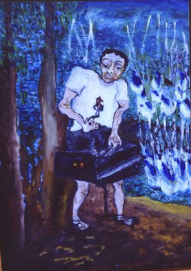 Padma Prasad; Barbecue, 2001, Original Painting Oil, 18 x 22 inches. Artwork description: 241 A man roasting a chicken leg in the barbecue; curious about how well the meat has been cooked- - against a backdrop of a harbour in which boats can be seen. ...