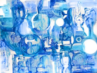 Paige Prier; Blue III, 2014, Original Watercolor, 30 x 50 inches. Artwork description: 241  sea, blue, surreal, underwater, water, woman, art deco, circles, figurative, modern, ocean, circle, watercolor, fine art, detail ...