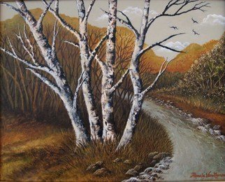 Pamela Van Laanen, 'Autumn Quartet', 2011, original Painting Acrylic, 20 x 16  x 1 inches. Artwork description: 3099      Landscape featuring birch trees and a stream              ...