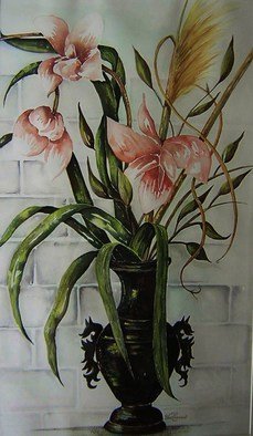 Pamela Van Laanen, 'Symphony', 2010, original Watercolor, 26 x 37  x 1 inches. Artwork description: 3891   Iris, bronze vase ...