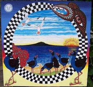 Pam Griffin; Rangitoto, 2005, Original Painting Acrylic, 600 x 600 mm. Artwork description: 241 Rangitoto Island with NZ pukeko framed with a Taniwha( mythical Water Dragon) of Aotearoa. NZ. ...