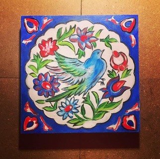 Yasaman Parandian; Persian Tile Bird, 2019, Original Painting Oil, 150 x 150 mm. Artwork description: 241 Inspired by a Persian motif on an Antique Tile, oil painting on 16 mm MDF, covered by Polyester...