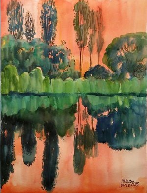 Parid  Dule; The Lake , 2015, Original Watercolor, 46 x 51 cm. Artwork description: 241  # lake # trees # landscape...