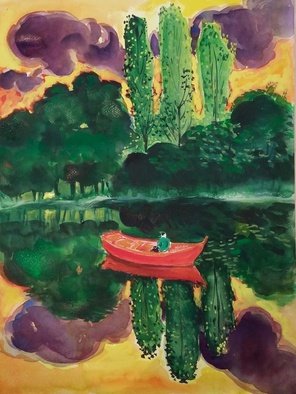 Parid  Dule; The Gardens Of Volorek, 2015, Original Watercolor, 46 x 51 cm. Artwork description: 241    # landscape # tree # lake # boat # red boat  ...