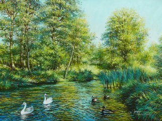 Petr Parkhimovitch; Emerald Shadow, 2015, Original Painting Oil, 80 x 60 cm. Artwork description: 241 river, coast, water, ducks, geese, shadowThe artwork on the stretcher, without a frame, signed on the front and back side.A hot summer day.  The emerald shade of the trees and bubbling water give a pleasant coolness. ...