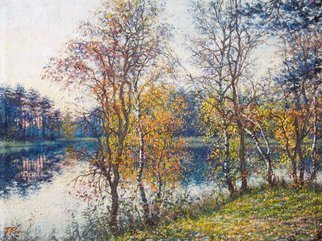 Petr Parkhimovitch; Colored White, 2017, Original Painting Oil, 80 x 60 cm. Artwork description: 241 autumn, lake, sunset, shore, leaves...