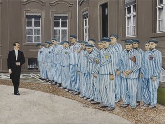 Pasquale Pacelli; Greeting To Inmates, 2017, Original Painting Acrylic, 80 x 60 cm. Artwork description: 241 In the palace of power of the third Reich, the Chancellor dress in his tail, inspects the inmates, who of that power they are victims, each of them bears his own guilt, stitched on his chest.  A face to face, exchange of looks that increasingly distance the ...