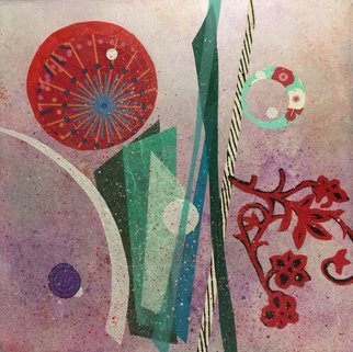 Patricia Forbes; Fanciful Blossoms, 2018, Original Mixed Media, 12 x 12 inches. Artwork description: 241 A whimsical abstract floral piece with acrylic sponged, metallic background with cut and painted papers applied.  Finished with splatters. ...