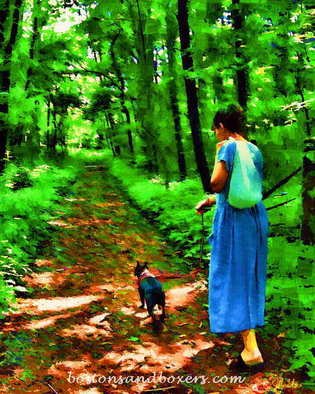 Patti Meador; The Walk, 2009, Original Digital Art, 23 x 29 inches. Artwork description: 241  Bright colors and heavy brush strokes in this design featuring a woman ( me) walking her Boston Terrier ( Buster) down a wooded path. You can almost smell the pine scented air! One of my favs! 
