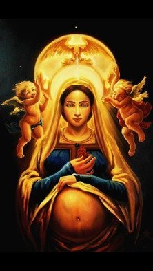 Paul Armesto; LA VIERGE DU CORAIL, 2011, Original Painting Oil, 23.5 x 35.5 inches. Artwork description: 241 Oil painting on linen canvas depicting the Virgin Mary in her pregnancy holding a traditional red coral branch, symbol of Life, Love and Christs Passion.  She is accompanied by two cherubs, one with open eyes and the other with his eyes closed as to represent the traditional ...
