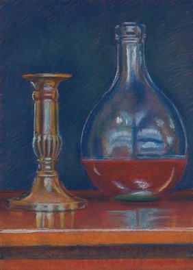 P. E. Creedon; Brass And Glass, 2012, Original Pastel, 5 x 7 inches. Artwork description: 241  A realistic pastel of 1 candlestick, 1 old glass bottle, deep tones, reflections    ...