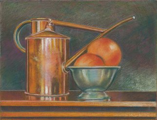 P. E. Creedon; Copper, Pewter, Fruit, 2012, Original Pastel, 10 x 8 inches. Artwork description: 241  A realistic pastel of 1 copper watering can, 1 pewter bowl and 2 pieces of fruit, deep tones, reflections     ...