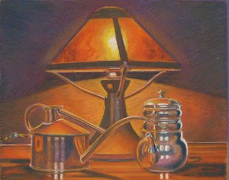 P. E. Creedon; Craftsman Lamp, 2011, Original Pastel, 10 x 8 inches. Artwork description: 241   A realistic pastel of 1 lamp, copper watering can, teapot, silver, orange, purple   ...