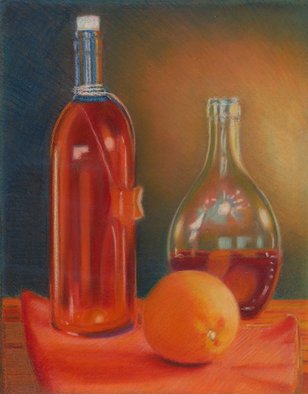 P. E. Creedon; Red Bottle, Orange, 2012, Original Pastel, 8 x 10 inches. Artwork description: 241   A realistic pastel of 1 red bottle, 1 orange and 1 clear glass bottle, deep tones, reflections      ...