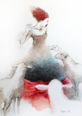 Olga Peganova, , , Original Watercolor, size_width{woman_with_sheep-1495736050.jpg} X  