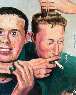 Pete Wiseman; With Snakebite, 2012, Original Painting Acrylic, 4 x 5 inches. Artwork description: 241   Portrait young men drunk smoking having fun ...