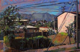 Philip Hale; Buildings With Mountain 1, 2011, Original Painting Oil, 30 x 20 inches. Artwork description: 241              contemporary painting/ post- abstract figuration/ representational/ art / landscape            ...