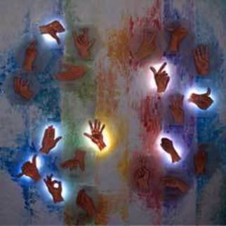 Dieter Picchio-Specht; Light Art Human Communication, 2008, Original Painting Acrylic, 180 x 180 cm. Artwork description: 241  As we communicate with our hands. . .First here is the typical style of Picchio, his Segment Art. Then there are 21 hands painted on semitransparent hexagon plates of glass fiber reinforced with epoxy resin in distances of 5 to 7 cm from the canvas. Under each hexagon ...