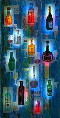 Dieter Picchio-Specht; Light Art BAR, 2010, Original Painting Acrylic, 80 x 160 cm. Artwork description: 241  This light- art painting is made in my typical segment art style. Under each painted bottle there is a LED processor. A nice athmospehre of colors and lights is created when the lights of the room are switched off. ...
