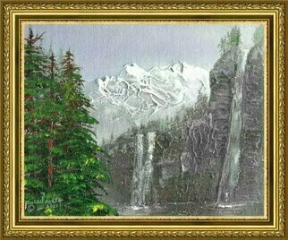 Michael Pickett; Mountain And Waterfall, 2022, Original Painting Acrylic, 8 x 10 inches. Artwork description: 241 Steak knife instead of pallet Knife, Brush and spray paint...