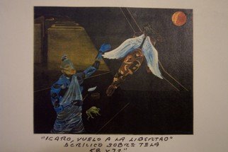 Jorge De La Fuente; Dedalus And Icarus, 2005, Original Mixed Media, 200 x 152 cm. Artwork description: 241  Dedalus is saying goodbye to his son Icarus. Flying away, from the Minotaurous Jail. Don`t fly to high, because the heat of the son, will melt the Wax on your wings. Don`t fly to low, the sea humidity will make your wings to heavy. He ...