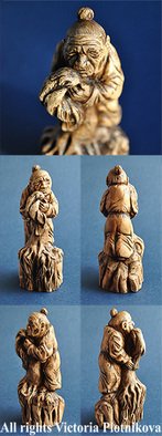 Plotnikova Victoria; Netsuke Old Woman, 2015, Original Sculpture Wood, 90 x 31 mm. Artwork description: 241 Material: wood - pear. The old woman holds the broken trunk of an old tree, simultaneously trampling the young shoots that gave the tree. That yearning for those what has already gone, she does not allow new development. On the one hand this image is tragic, causing compassion ...