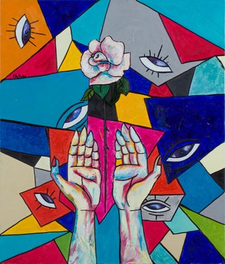 Polina Kolesnik; Hands Flowers Eyes, 2017, Original Painting Oil, 23.6 x 19.7 inches. Artwork description: 241 I saw a surreal dream. My hands were in a different dimension. This pushed me to write this picture. ...