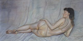 Paul Kenens; 63 The Day That I Loved, 2019, Original Painting Oil, 100 x 200 cm. Artwork description: 241 Nudes woman on a bed looking at her legs.  OPGELET Dit schilderij wordt herwerkt november 2021 Later volgt de hernieuwde publicatie...
