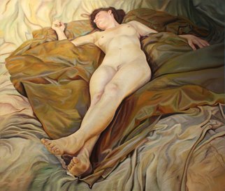 Paul Kenens; 72 The Origin Of The World, 2020, Original Painting Oil, 150 x 140 cm. Artwork description: 241 Model lying in perspective on dark fabric, on top af a lighter fabric, trown dawn casualy...