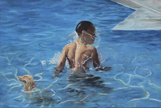 Paul Kenens; Splash Nr 3, 2019, Original Painting Oil, 150 x 80 cm. Artwork description: 241 Children into te water, oil on wood...