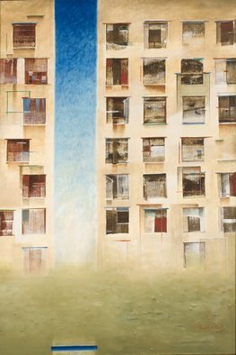 Prabha Shah; Emerging Blue, 2008, Original Painting Oil, 60 x 40 inches. Artwork description: 241   There's a story behind each window of abstract blocks, many of them structures Prabha would expand upon in other frames. Some of the stories ring truer when framed in sensitive outlines beyond the regulation windows. The most hopeful thing is the blue sky that pierces the ...