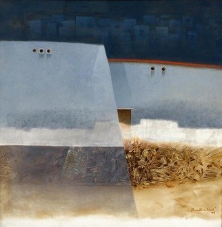 Prabha Shah; Granaries, 2009, Original Painting Oil, 40 x 40 inches. Artwork description: 241  With a division of space that she usually accomplishes by distending one side of a doorframe longer than the other, Prabha brings forward the left plain of the house at front. Two isosceles triangles rise through the middle to cast shadows that the sun cannot explain. No ...