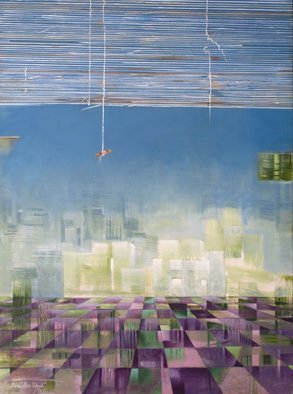 Prabha Shah; Gurgaon, 2011, Original Painting Oil, 46 x 36 inches. Artwork description: 241   You roll up the tattered blinds to see a new city rising, gleaming with steel and glass. It's like a hologram, an imprint from the future hovering like a mirage in the distance. But it's aspiration or gullibility on this side of the blinds, from ...