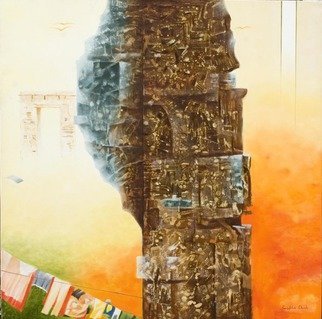 Prabha Shah; Organic Growth, 2011, Original Painting Oil, 40 x 40 inches. Artwork description: 241  This is Lutyens' Delhi, with its gateway and large slabs of stone brought from Rajasthan. And be assured, someone will come to take the clothes off the line. The column in the middle is a living thing that has grown in the shape of a bird's ...