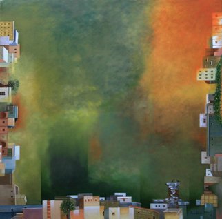 Prabha Shah; Three Skies, 2011, Original Painting Oil, 40 x 40 inches. Artwork description: 241  For one of her most Surrealistic canvases in this collection, Prabha folds reality at will. The three localities of the three edges aren't too different from each other on the social plane -- but they do not share their skies. Even the birds on the horizontal one ...