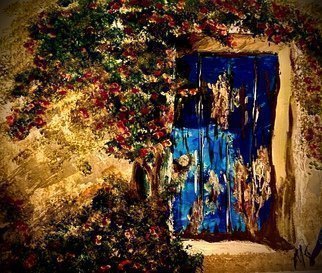 Mary Schwartz; Blue Door, 2021, Original Painting Acrylic, 14 x 11 inches. Artwork description: 241 A mysterious blue door in the sunlight surrounded by a flowering shrub. ...